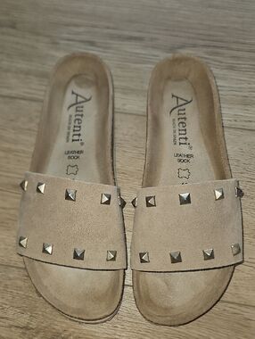 Women's Tan Gold Studded Slide Leather Sandals Size 40 / 9